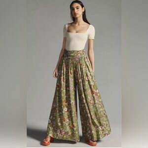 Anthropologie Green Floral wide leg panths